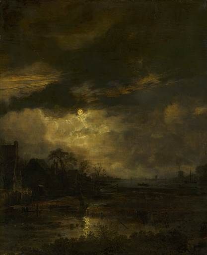 Aert van der Neer, Landscape at Sunset, c. 1645 - 1650 17th Century Paintings, Moody Painting, Moonlight Painting, Moody Art, Old Paintings, Ethereal Art, Classical Art, Rembrandt, Dark Art