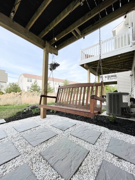 Mulch Paver Patio, Gravel And Paver Backyard, Small Back Deck Ideas Decor, Paver And Gravel Patio Ideas, Paver Porch Ideas, Underdeck Patio Ideas Diy, Patio Sitting Area Ideas, Gravel Under Deck, Gravel Porch