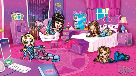 official art of the bratz having a slumber party in a brightly colored room Early 2000s Aesthetic Wallpaper Laptop, Kawaii Desktop Wallpaper Hd 1080p, Mcbling Laptop Wallpaper, Bratz Bathroom, Cartoon Wallpaper For Laptop, Hd Macbook Wallpaper Aesthetic, 2000s Aesthetic Wallpaper, Desktop Bg, Y2k Aesthetic Wallpaper