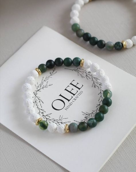 Green Moss Agate Beaded Women Bracelet 6mm, Pared With White Lava Beads, Gold Plated Spacers, Women Moss Agate Bracelet / Gift for Her - Etsy Canada Moss Agate Bracelet, Beautiful Beaded Bracelet, Headband Jewelry, Green Moss Agate, Bead Charms Diy, Diy Bracelets Patterns, Lava Beads, Beads Bracelet Design, Women Bracelet