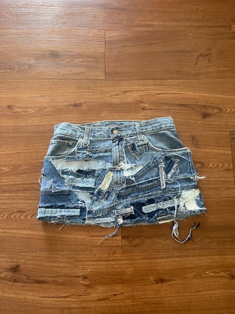 Custom Skirt Denim, Custom Denim Skirt Outfit, Custom Jean Skirt, Customized Skirt, Custom Denim Skirt, Diy Jean Skirt, Custom Skirts, Reworked Skirt, Patch Skirt