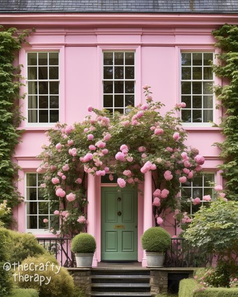 Exterior Pink House, Green House With Pink Door, Pink And Green Exterior House, Colourful Home Exterior, Pink House Outside, Pink Houses Exterior, Pink House Green Door, Pink Apartment Exterior, Green House Pink Door