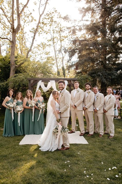 Tan Suit Wedding Sage Green, Tan Suits And Green Dresses, Beige Groomsmen Suits With Sage Green, Khaki And Sage Groomsmen, Tan Groomsmen Suits With Olive Green Bridesmaids, Cream And Sage Wedding Suit, Green And Beige Wedding Colors, Green Bridesmaid Dress And Groomsmen, Siege Green Wedding