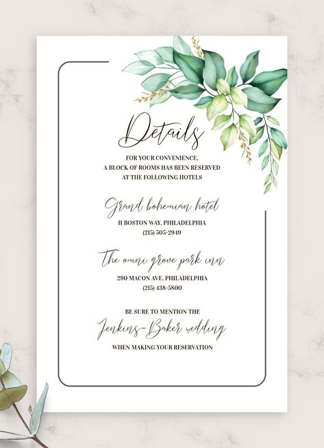 Elegant Greenery Boho Wedding Details Card is designed to become an informative addition to your wedding invitation that would inform your invited guests about all the important details including hotel and venue address, transportation details, ie directions or map, time of the ceremony, etc This Details Card template is 100% customizable Invitation Details Card, Invited Card Design, Accomodation Cards Wedding, Details Card Wedding Invitation, Wedding Invitation Details Card Wording, Wedding Invitation Details Card, Spring Wedding Outfit, Simple Elegant Wedding, Wedding Details Card