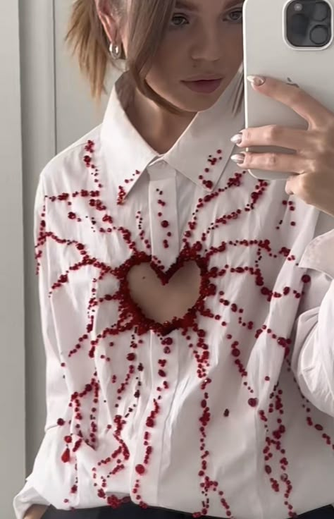 Cut Out Heart Shirt With Red Beads, Beaded Heart Shirt, Diy Shirt Aesthetic, Heart Embroidery Shirt, Heart Inspired Outfit, Heart Shirt Diy, Heart Shirt Aesthetic, Heart Cut Out Shirt, Red Heart Shirt