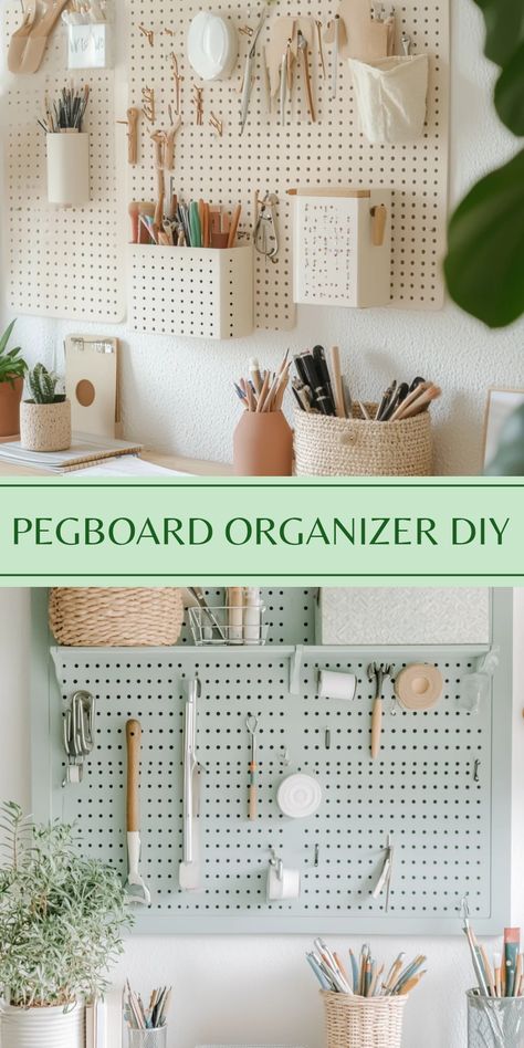 Create a chic DIY modern pegboard organizer. Project showcases organization and style using bright colors and clean lines across two images. Modern Pegboard, Organizing Craft Supplies, Pegboard Organization, Organize Craft Supplies, Office Items, Garage Tools, Declutter Your Home, Modern Diy, Upgrade Your Home