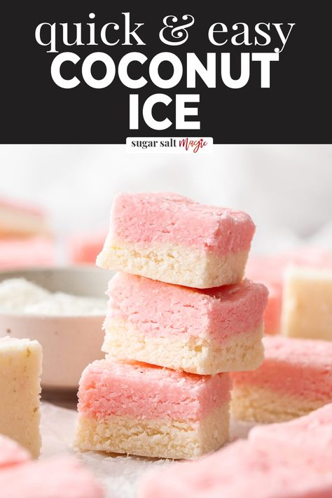 Coconut ice is a sweet, creamy, coconut filled classic. These little two-toned squares are so quick and easy to make and make a perfect food gift. Copha Recipes, Coconut Dishes, No Bake Slice, Coconut Ice Recipe, Ice Recipes, Diy Sweets, Aussie Recipes, No Bake Slices, Candy Fudge