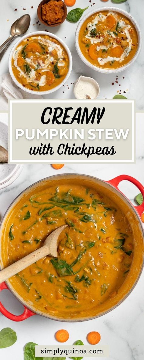 This amazing creamy pumpkin stew with chickpeas is the perfect cozy recipe. This soup is packed with flavor and hearty vegetables and has the best creamy texture. One of the best things about soup is how simple it is to make. You just need one pot and a bit of time to let it cook. Creamy Chickpea, Pumpkin Stew, Creamy Broccoli Soup, Pumpkin Vegetable, Savory Pumpkin Recipes, Chickpea Soup, Meatless Dinner, Vegan Soup Recipes, Soup Kitchen