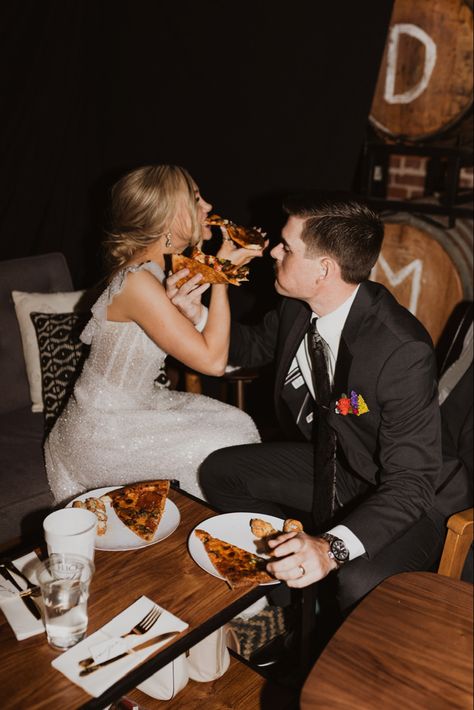 #pizza #wedding #weddingideas Classy Pizza Wedding, Pizza Elopement, Pizza Wedding Cake, Pizza Served At Wedding, Engagement Photos Eating Pizza, Bride And Groom Eating Pizza, Pizza Wedding, 2026 Wedding, Moody Wedding