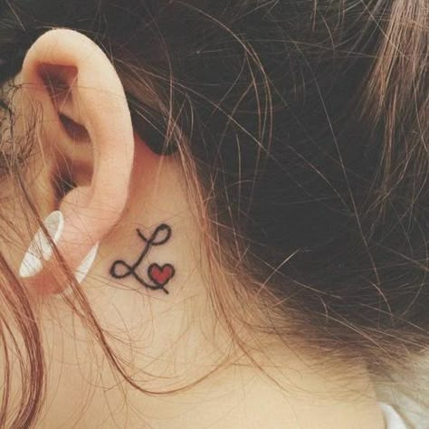 Letter L with a Red Heart Behind The Ear Tattoo. L With Heart Tattoo, L Tattoos, Letter L Tattoo, Behind Ear Tattoos, L Tattoo, Ear Tattoos, Tattoos Geometric, Initial Tattoo, Heart Tattoo Designs