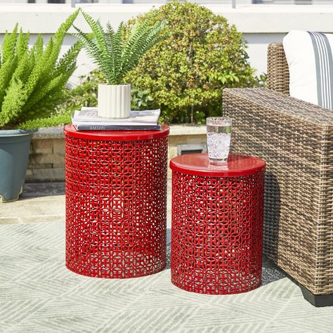 PRICES MAY VARY. Sturdy: The set of 2 decorative garden stools are made of high quality metal, sturdy and rustproof for long-time use. Size: L: 14.5"D×19.25"H, S: 12.5"D×16.5"H. The weight capacity of the large stool is 55 lb, and the weight capacity of the small one is 33 lb. Vintage & Elegant: The garden stools features hand painted glossy red finish, simple and warm, the unique metal laser elegant openwork floral cutout pattern give it classic and chic charm as well as an interesting light an Red Patio Furniture, Metal Outdoor Table, French Painted Furniture, Garden Stools, Whimsical Painted Furniture, Side Table Set, Metal Accent Table, Outdoor Accent Table, Front Yard Fence