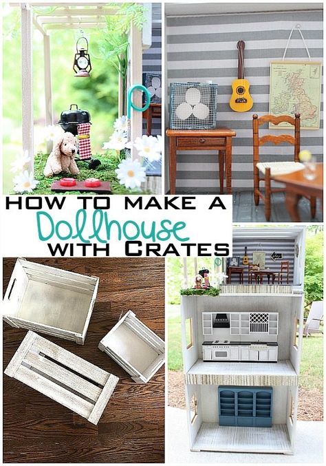 How to make a dollhouse with crates at Refresh Restyle Woodworking Assembly Table, Mini Crates, Diy Barbie House, Mini Dollhouse, American Girl Doll Diy, Woodworking Bench Plans, Woodworking Jig, Storage Kids Room, Unique Woodworking