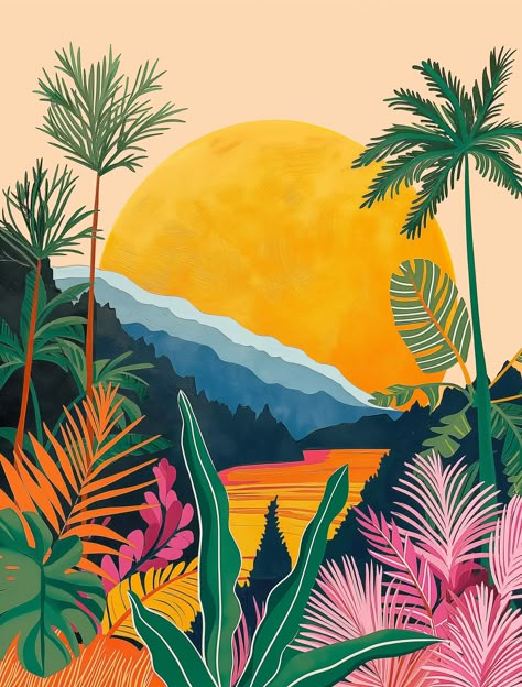 ✨🎨Discover Premium Midjourney Prompts - Click Link in my Bio🤩🔗 Tropical Illustration Art, Pop Art Nature, Tropical Plants Illustration, Palms Illustration, Tropical Leaves Painting, Summer Mural, Palm Trees Illustration, Color Markers Art, Palm Illustration