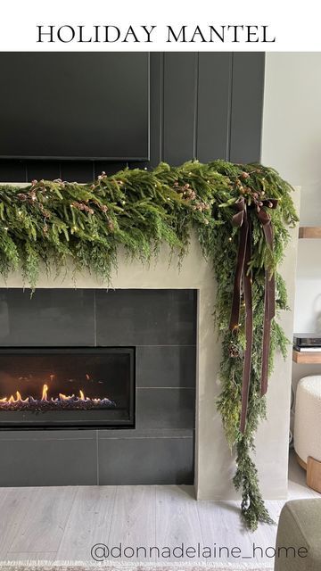 Ribbon On Mantel Garland, Moody Christmas Decor Ideas, Christmas Garland With Ribbon, Velvet Christmas Decor, Mantel Greenery, Fireplace Garland Christmas, Garland On Mantle, Mini Pinecones, Moody Christmas