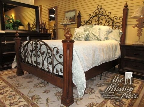 Dark wood bed with iron scroll details in a queen size. Such an attractive look! This would be a perfect focal point for your bedroom. You can decorate around this majestic bed. Bed Inspo, Dark Wood Bed, Bed Frame Sets, Grandmillenial Style, Head Board, The Missing Piece, Wood Bed Frame, Queen Bed Frame, Iron Bed