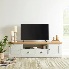 TV Stands | TV Units & Cabinets, Wooden TV Stands | Dunelm 50 Inch Tv, Wide Tv Stand, Wooden Tv Stands, White Tv, Single Wide, Country Cottage Style, Cup Handles, Open Shelf, Oak Veneer