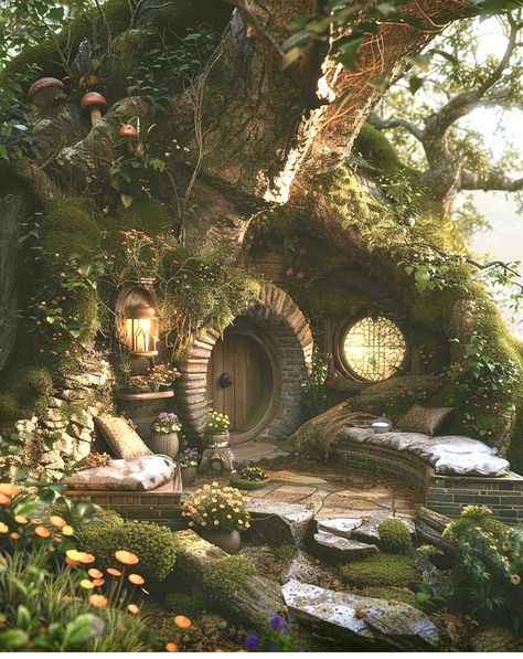 Forest Treehouse Aesthetic, Fairy House Exterior, Tree House Aesthetic, Cottagecore Mushroom House, Castle Tree House, House In A Tree, Fae House, Magical Village, 4 Bedroom House Designs