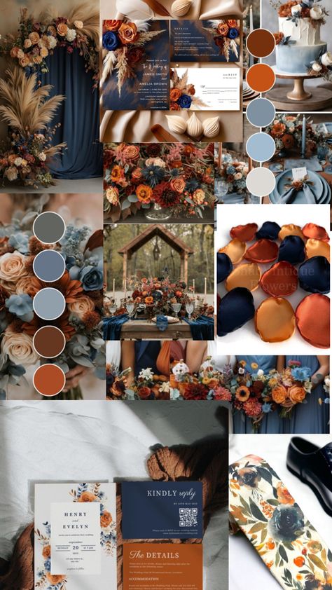 Wedding Fall Wedding Navy And Orange, Wedding Party Fall Colors, Navy Blue Wedding Theme Color Schemes Colour Palettes, Navy And Orange Wedding Colors, Orange Blue Wedding Theme, Fall Wedding Colors With Blue, Fall Wedding With Navy Blue, Navy Blue Fall Wedding Colors, Elegant Fall Wedding Ideas Classy