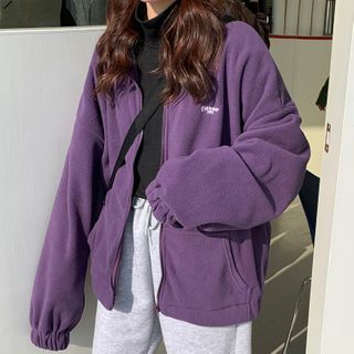 Buy Iduna Lettering Embroidered Fleece Zip Jacket at YesStyle.com! Quality products at remarkable prices. FREE Worldwide Shipping available! Harajuku Hoodie, Estilo Harajuku, Velvet Sweatshirt, Harajuku Women, Fluffy Jacket, Cozy Coats, Street Sweatshirt, Vintage Clothes Women, Outwear Women