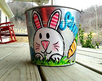 Hillbilly Handcrafted Door Hangers and Art by HillbillyHandcrafted Easter Pail, Easter Basket Items, Easter Buckets, Easter Bunny Basket, Personalized Easter Basket, Boy Gifts, Bunny Basket, Boys Easter, Hoppy Easter