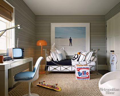 Striped bedroom Parsons Desk, Teenage Boy Room, Teen Boy Room, Striped Walls, Bedroom Wallpaper, Boy Bedroom, Big Boy Room, Striped Wallpaper, Boys Bedrooms