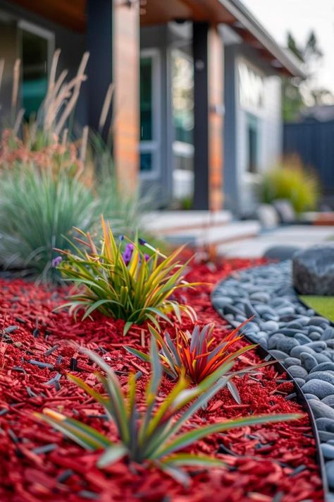 Transform Your Yard: Red Mulch Landscape Ideas Red Mulch, Plastic Landscape Edging, Rustic Outdoor Spaces, Metal Landscape Edging, River Rock Landscaping Ideas, Stone Edging, Garden Edging Ideas, Mulch Landscaping, Brick Edging