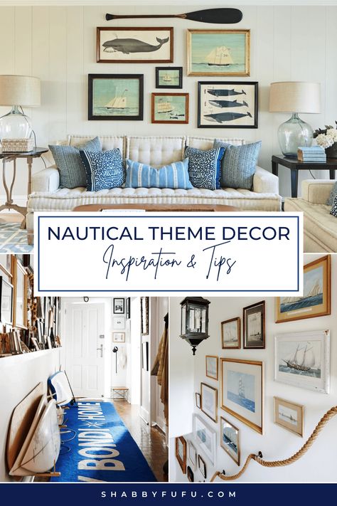 Embracing The Alluring Nautical Theme Decor: Inspiration & Tips Nautical Living Rooms, Nautical Room Ideas Interior Design, Nautical Mudroom, Bay House Decor Ideas, Vintage Nautical Aesthetic, Nautical Decor Living Room Navy Blue Coastal Style, Nautical Bedroom Master Vintage, Vintage Nautical Bedroom, Nautical Theme Living Room