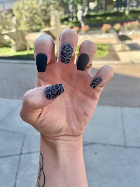 Matte blsck and leopard nails. Coffin nails. Cheetah nails. Matte grey leopard nails. Black And Grey Cheetah Nails, Grey Cheetah Nails, Grey Leopard Nails, Black And Leopard Nails, Nails Cheetah, Cheetah Nails, Nails Matte, Leopard Print Nails, Grey Leopard