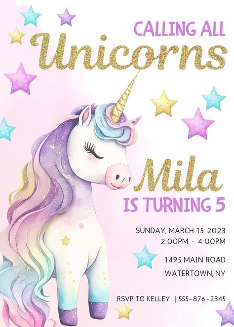 Unicorn Themed Birthday Party Invitation, Unicorn Birthday Invitations Template, Unicorn 6th Birthday Party, Simple Unicorn Birthday, Unicorn Theme Birthday Decoration, Unicorn 5th Birthday Party, Unicorn Invitation Template, Unicorn Birthday Theme, Kids Birthday Invitation Template