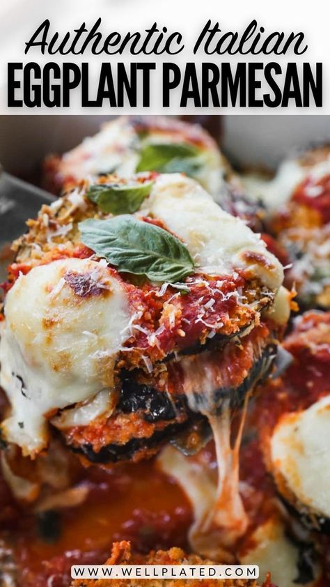 Everyone loves this baked eggplant Parmesan recipe! Crispy eggplant layered with melty mozzarella cheese, marinara, and fresh basil. Delish! Baked Eggplant Parmesan, Eggplant Parmesan Recipe, Homemade Meat Sauce, Italian American Food, Eggplant Parmesan Baked, Eggplant Recipes Parmesan, Eggplant Dishes, Baked Eggplant, Eggplant Parmesan