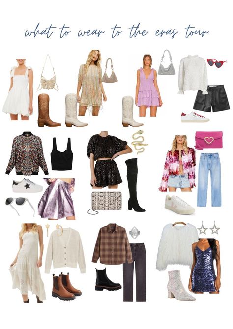 what to wear to the eras tour / eras tour oufit ideas / eras tour outfit inspo / taylor swift costumes / taylor swift inspired outfits Taylor Swift Outfits For Concert, Eras Outfit Ideas Taylor Swift, Fearless Taylor Swift Outfits Ideas, Outfits To Wear To Taylor Swift Concert, Simple Taylor Swift Concert Outfits, Swift Concert Outfit, Taylor Swift Album Outfit Ideas, Outfits For Taylor Swift Eras Tour, Best Taylor Swift Outfits