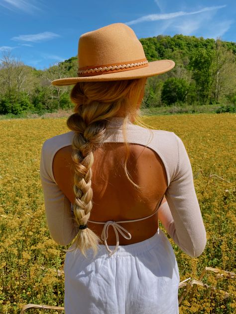 Yellow Cowboy Hat, Country Fest, Outfit Shuffles, Top Braid, Big Braids, Beach Wedding Flowers, Hair Upstyles, Loose Braids, Open Back Top