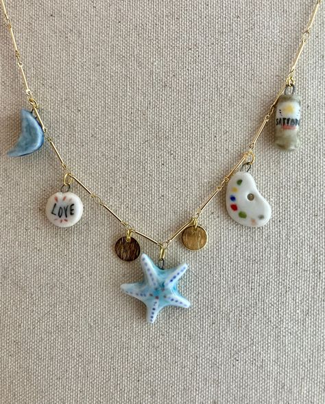 Clay Art Necklace, How To Make Clay Charms, Handmade Dainty Charm Necklace, Cute Clay Pendants, Handmade Star Charm Necklace As Gift, Handmade Blue Charm Necklace For Gift, Clay Charms Necklaces, Clay Necklace Charms, Clay Charms Ideas