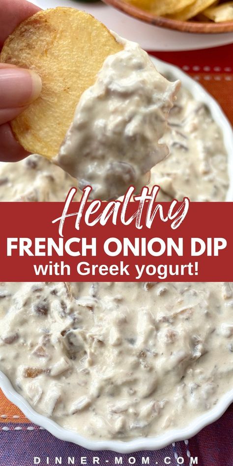 Enjoy this healthy twist on French Onion Dip with Greek Yogurt at your next party. This crowd-pleasing dip is perfect for game day, holiday parties, or snacking. Serve it with chips or veggies for a guilt-free indulgence because it's protein-packed and lower in carbs. Get the easy recipe to make this homemade caramelized onion dip with caramelized onions and Greek yogurt at Dinner-Mom.com. Dip Using Greek Yogurt, Dip With Greek Yogurt, Caramelized Onion Dip, Diy Mixes, French Onion Dip, Onion Dip, Caramelized Onion, Chip Dip, Low Carb Snacks