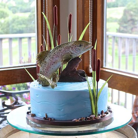 Fishing Cakes For Men, Fishing Cake, Fishing Theme Cake, Fishing Birthday Party Boys, Icing Cake Design, Fishing Cake Topper, Fish Cake Birthday, Fishing Birthday Party, Sculpted Cakes