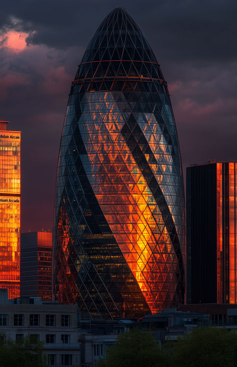 Bathed in sunset’s reddish golden glow, the Gherkin stands tall, reflecting the city's soul. The Gherkin, Golden Glow, Stand Tall, London, Building