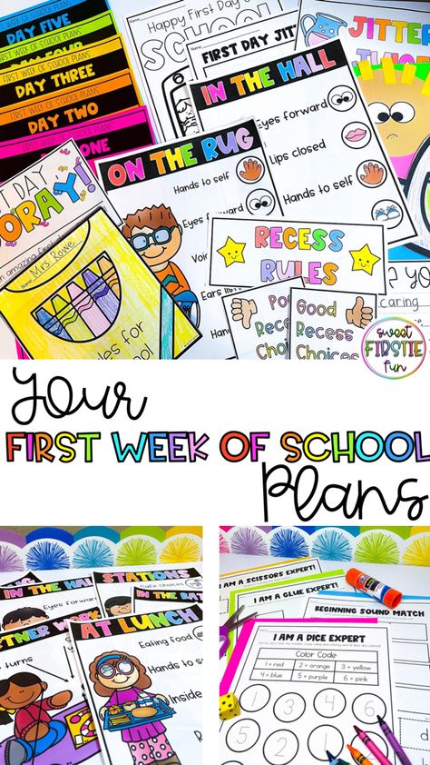 Back to school made easy! Use this first week of school plans resource to plan your entire first week of first grade or kindergarten! Creative Kindergarten Classroom Ideas, Tk First Day Of School Activities, Back To School Grade 1 Activities, Beginning Of School Year Activities Kindergarten, First Week In Kindergarten, First Week First Grade Activities, First Week Of School Lesson Plans 1st Grade, 1st Day Of School 1st Grade, 1st Grade First Day Of School Activities