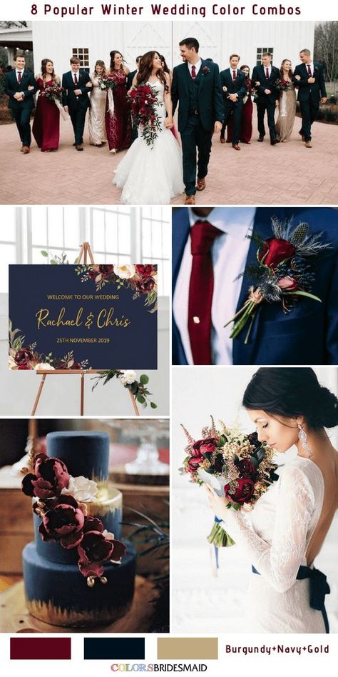 8 Winter Wedding Color Combos for 2018 - No.2 Burgundy, Navy and Gold #colsbm #weddings #weddingideas #burgundy Gold Winter Wedding, Winter Wedding Color Palette, Burgundy Wedding Colors, Baju Kahwin, Wedding Color Palettes, Wedding Color Combinations, Snowy Wedding, Rustic Wedding Decorations, Wedding Theme Inspiration