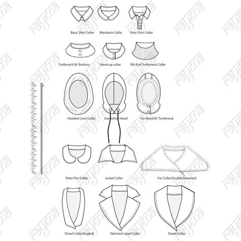 A set of 15 vector fashion Collar illustration templates to be used on various garments. Collars are created using standard 9-head fashion croquis to fit the necklines. Front patterns are set to edit as back patterns.  Pack includes - Basic Shirt Collar, Mandarin Collar, Polo Shirt Collar, Turtleneck w/buttons, Stand-up Collar, Rib Knit turtleneck, Hooded Cowl Collar, Sweatshirt Hood, Fur Hood, Peter Pan Collar, Jacket Collar, Fur Collar, Basic Shawl Collar, Angled Shawl Collar and Notched Lapel Collar Sketch, Sketch Digital Art, Flutter Sleeve Pattern, Technical Sketch, Sketch Digital, Peter Pan Collar Shirt, Collar Fashion, Graphic Design Fashion, Creative Drawing Prompts