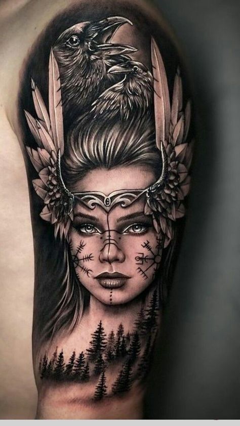 240+ Nordic Tattoos Designs (2022) Ink Inspired From Norse Mythology - TattoosBoyGirl Freya Tattoo, Nordic Tattoos, Viking Tattoos For Men, Warrior Tattoo Sleeve, Tato Ikan Koi, Viking Warrior Tattoos, Norse Mythology Tattoo, Valkyrie Tattoo, Female Warrior Tattoo