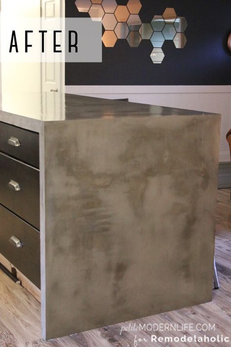 Remodelaholic | DIY Concrete Kitchen Island Reveal + How-To Diy Concrete Kitchen, Concrete Island, Concrete Kitchen Island, Concrete Countertops Kitchen Diy, Concrete Countertops White, Diy Concrete Countertops, Concrete Countertops Kitchen, Concrete Kitchen, Diy Concrete