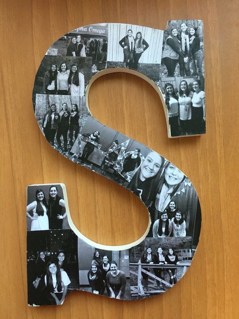 Photo collage wooden letter I made for my big! Diy Picture Letters Photo Collages, Wooden Letter Picture Collage, Big Present Ideas, Letter Decor Ideas, Wooden Letter Decoration Ideas, Cute Gift Ideas For Girlfriend, Diy Initial Letters, Letter Picture Collages, Letter Decoration Ideas