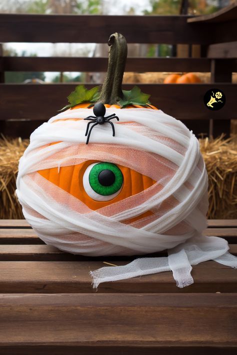 Mummy Pumpkin Painting Idea for Halloween Eyeball Pumpkin Painting, Mummy Pumpkin Painting, Evil Eye Pumpkin, Spooky Pumpkin Painting, Pumpkin Eyeball, Unique Pumpkin Painting Ideas, Pumpkin Painting Idea, Pumpkin Houses, Mummy Pumpkin