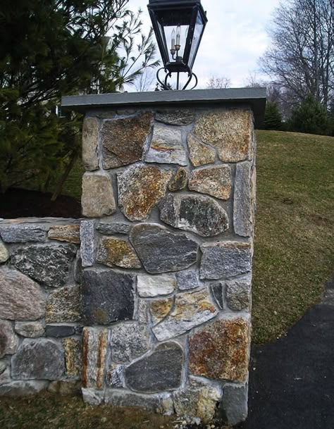 Our Gallery | Grand Entrance Gates | Westchester County, NY Stone Pillars Driveway Entrance, Stone Fence Ideas, Entrance Gates Driveway, Driveway Entrance Landscaping, Farm Entrance, Gate Lights, Entrance Lighting, Stone Wall Design, Stone Driveway