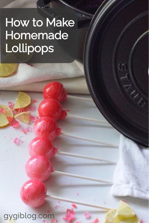 Homemade Suckers, Suckers Lollipops, How To Make Lollipops, Staub Dutch Oven, Diy Lollipop, Homemade Lollipops, White Food Coloring, Hard Candy Recipes, Lollipop Recipe