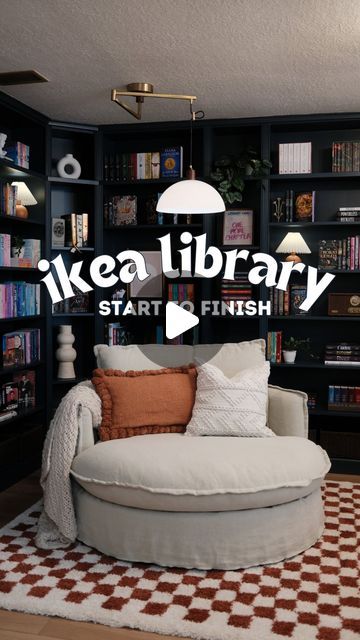 Kelsey + Ryan Mansingh | DIY & Renovation on Instagram: "Start to finish library build 📚🫶🏼 We used Billy bookcases from IKEA as the base and built them out. Follow for more DIY’s! #ikeahack #ikealibrary #billybookcase #billybookcasehack #lifehack #diyhack #diylibrary #homelibrary #booktok #bookstagram #bookstagrammer #bookish #booklover #bookaddict #homerenovation #diy #diyproject" Couch Against Bookshelves, Snug Reading Room, Front Room Bookshelves, Library Area In Living Room, Diy Office Library, Bookshelf Makeover Diy Boho, Home Library Ideas Diy Ikea Hacks, Ikea Billy Bookcase Hack Fireplace, Relaxing Reading Room Ideas