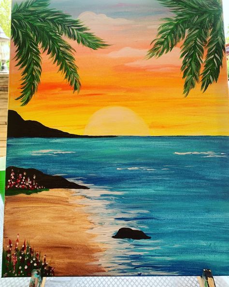 Easy Sunset Canvas Painting, Painting Ideas Sunset, Easy Beach Painting, Acrylic Painting On Black Canvas, Beach Sunset Painting, Artist Sketching, Sunset Canvas Painting, Beach Paintings, Sky Art Painting