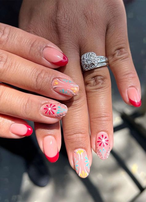 fiesta nails, fiesta inspired nails, mexican fiesta nails, fiesta nail designs, fiesta nail ideas, vibrant nails, summer nails, summer nail designs Vibrant Nails Summer, Nail Art Designs Red, Fiesta Nails, Nails Mexican, Red French Tips, Summer Nails Summer, Bright Nail Polish, Nail Picking, Festive Nail Art