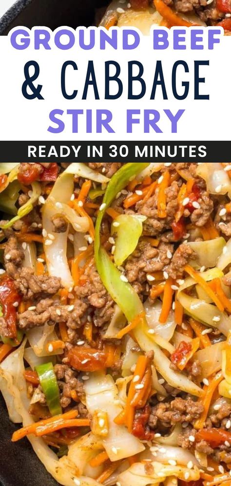 Looking for the perfect easy dinner with ground beef? This Ground Beef and Cabbage Stir Fry is your go-to meal! This quick, delicious dish is inspired by Asian flavors, making it a great addition to your meal plan. Say goodbye to takeout and hello to homemade, mouthwatering stir fry recipes! Asian Ground Beef Stir Fry, Hamburger Cabbage Stir Fry, Ground Beef Asian Stir Fry, Ground Sausage Stir Fry, Coleslaw Stir Fry Recipe, Ground Beef And Cabbage Stir Fry, Cabbage Stir Fry Recipes Healthy, Ground Beef With Cabbage Recipes, Ground Beef Stir Fry Recipes Easy