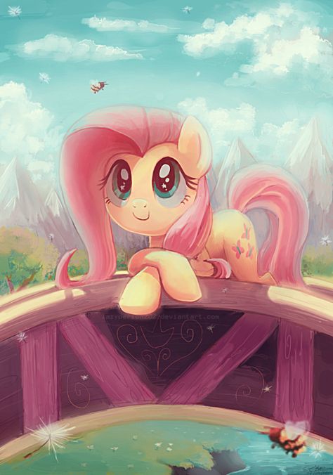 #648330 - artist:lazyperson202, bee, bridge, c:, cloud, cloudy, cute, daaaaaaaaaaaw, dandelion, featured image, filli vanilli, fluttershy, forest, hnnng, leaning, looking up, mountain, mountain range, river, safe, scene interpretation, shyabetes, smiling, solo, tree, watching, weapons-grade cute, wingding eyes, wingless - Derpibooru - My Little Pony: Friendship is Magic Imageboard Horse Anime, Mlp Fluttershy, Mane 6, Mlp Art, My Little Pony Wallpaper, Cute Ponies, My Lil Pony, Mlp Fan Art, Mlp Pony